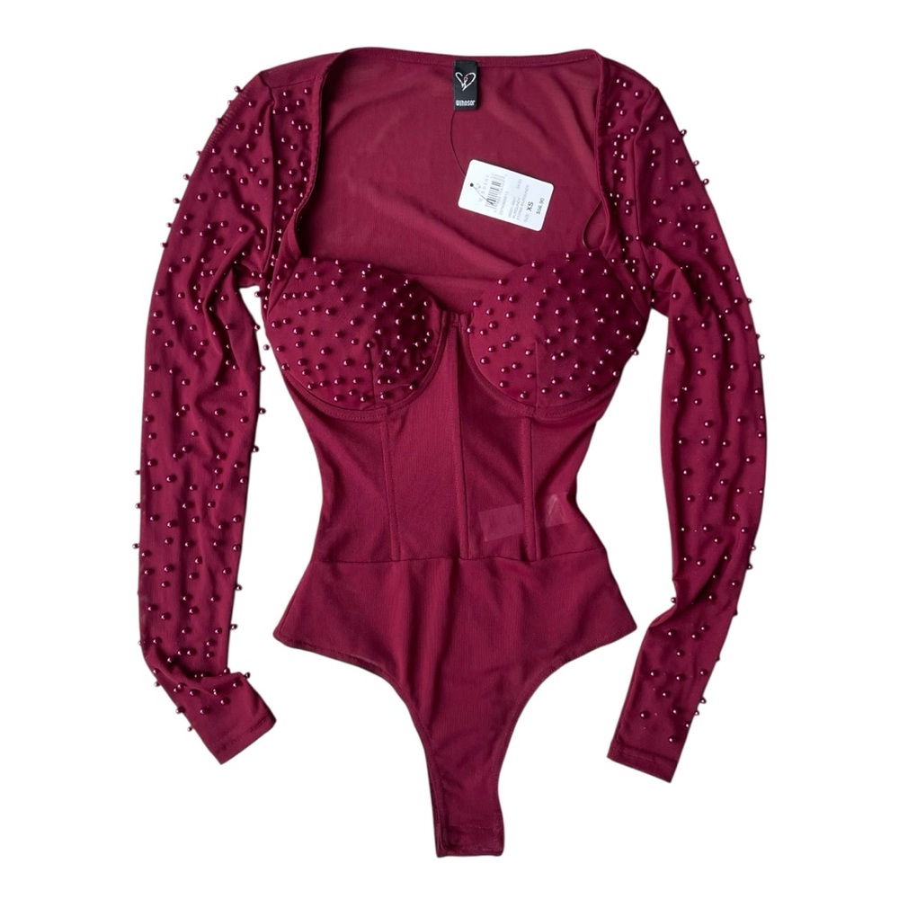 Windsor Prettiest Faux Pearl Corset Bodysuit Size XS Burgundy Sheer